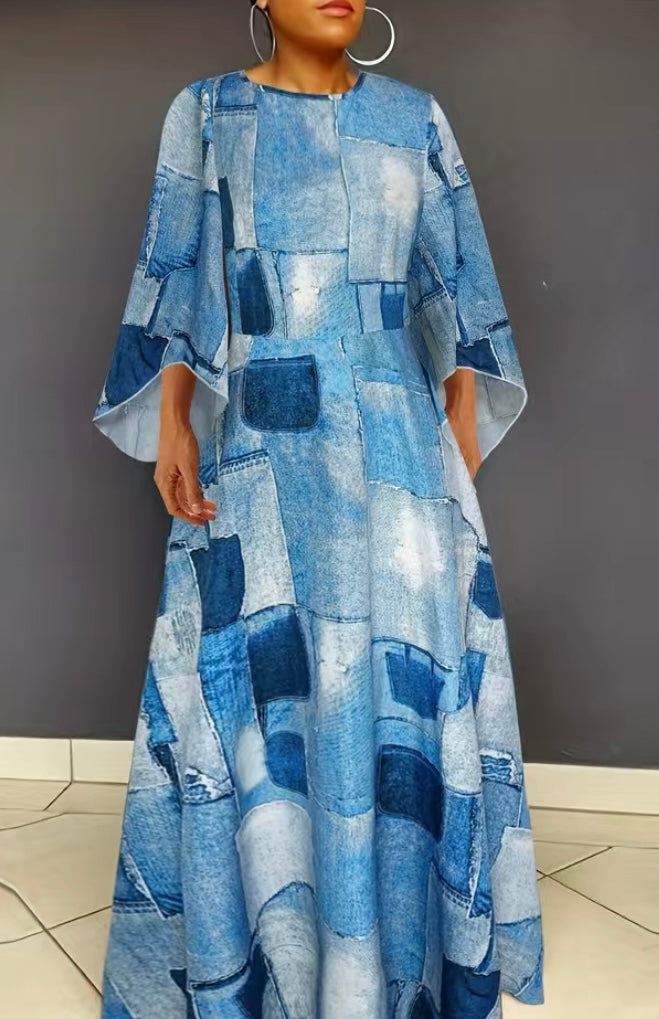 Demin Printed Flare Sleeve Dress