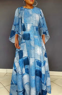 Demin Printed Flare Sleeve Dress
