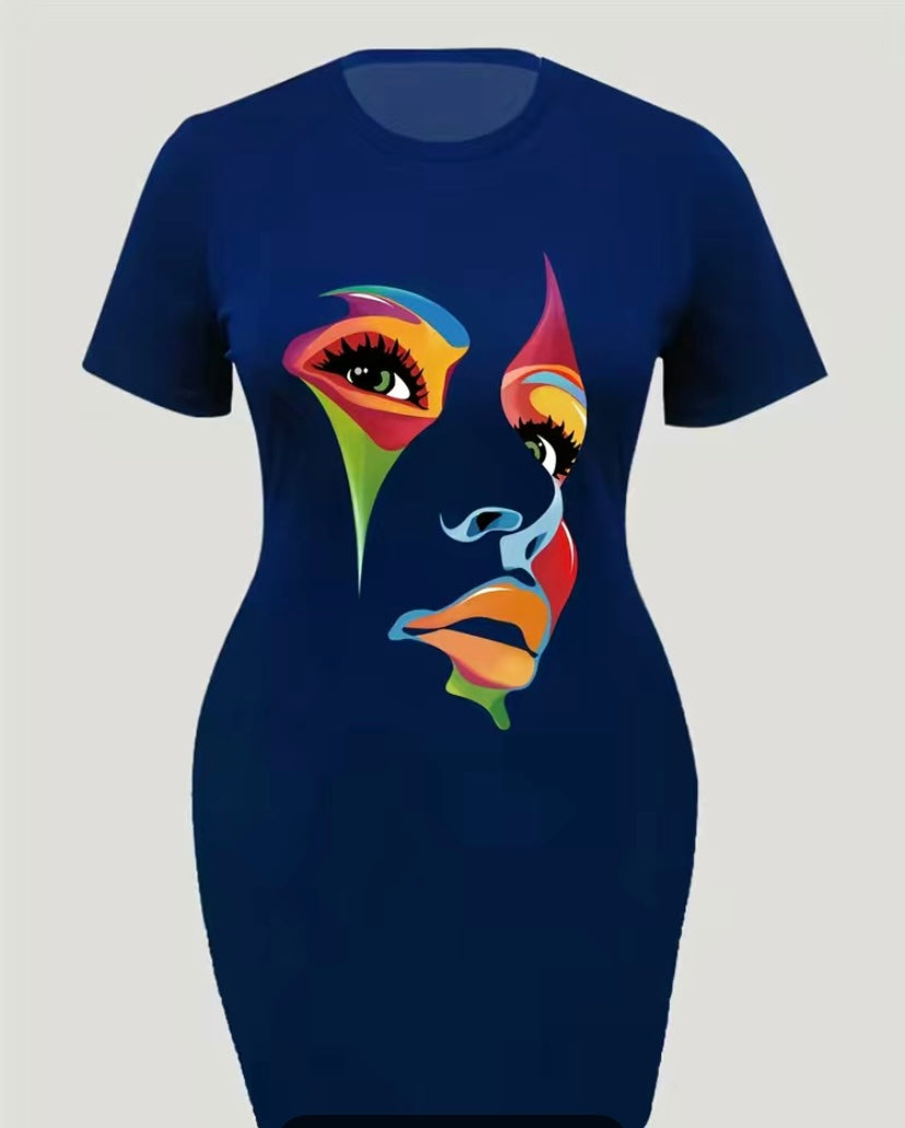 Face Print Crew Neck T -Shirt Dress