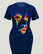 Face Print Crew Neck T -Shirt Dress